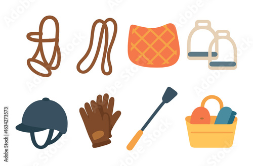 Children's Riding Gear Icons. Flat vector mini-illustrations Riding equipment and tack in colors children's