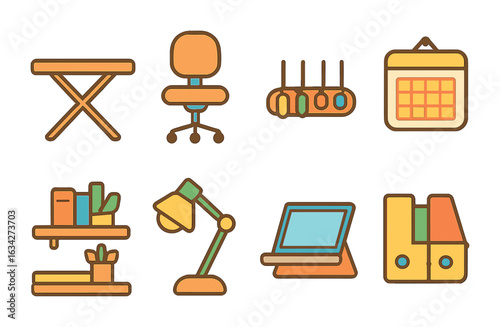Colorful Home Office Essentials. Flat vector mini-illustrations Multifunctional home office setups in colors