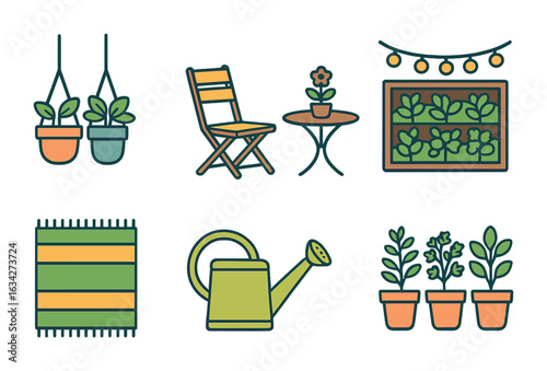 Balcony Botanical Retreats. Flat vector mini-illustrations Transforming balconies into green retreats in