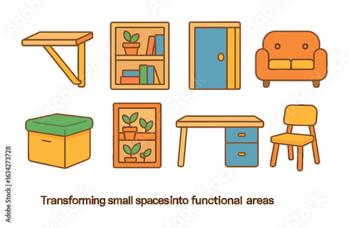 Space-Saving Kids Icons. Flat vector mini-illustrations Transforming small spaces into functional areas in