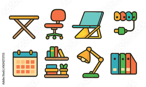Colorful Home Office Essentials. Flat vector mini-illustrations Multifunctional home office setups in colors