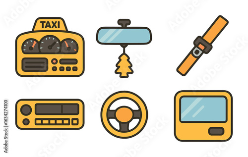 Taxi Interior Icons. Flat vector mini-illustrations Taxi interior view in colors children's illustrations: