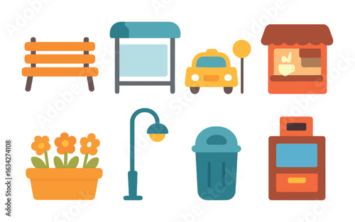 Urban Waiting Illustrations. Flat vector mini-illustrations Urban waiting spots in colors children's
