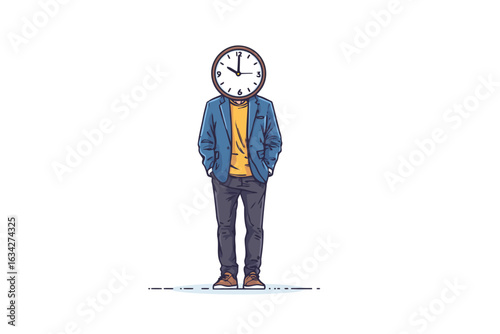 Person standing with clock face instead of head isolated