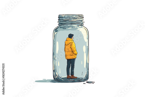 Person trapped inside a glass jar concept of isolation