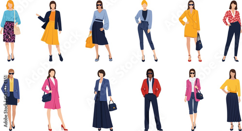 A collection of diverse women showcasing various fashion styles and professional attire on a white background