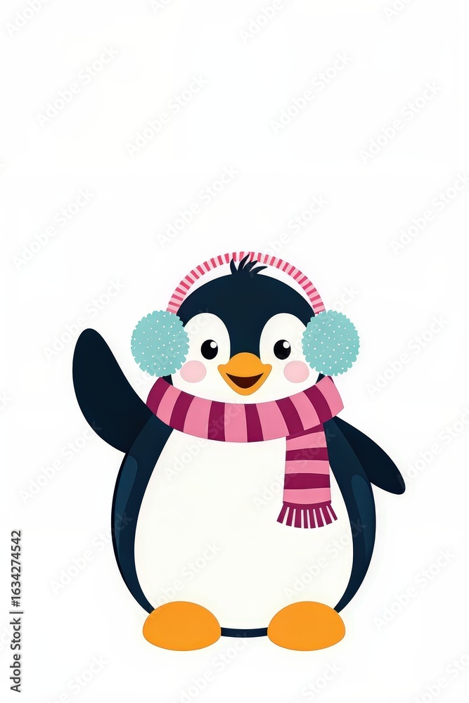 Fototapeta premium A cute cartoon penguin wearing earmuffs and a scarf, perfect for winter illustrations and playful designs.