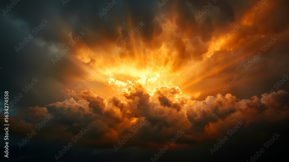 Fototapeta premium photograph of Golden Light Explosion in Dramatic Sky wide angle lens
