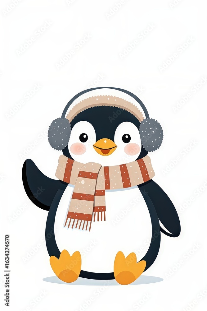 Naklejka premium A cute cartoon penguin wearing earmuffs and a scarf, perfect for winter-themed designs and cheerful illustrations.