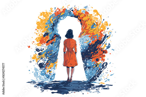Woman looking through a keyhole into universe isolated