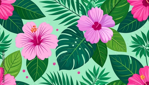 Fototapeta Naklejka Na Ścianę i Meble -  Tropical Floral Pattern with Hibiscus Flowers and Palm Leaves Vector Art