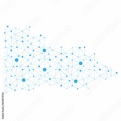 Abstract light blue grid network pattern of connected dots and lines on isolated white background