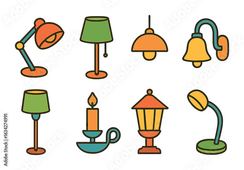 Children's Lamp Illustrations. Flat vector mini-illustrations types of lamps in colors children's