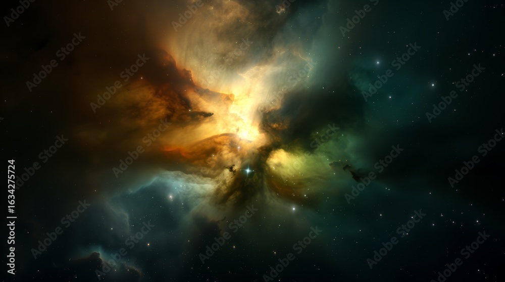 Fototapeta premium photograph of Green and Yellow Nebula in Dark Space wide angle lens