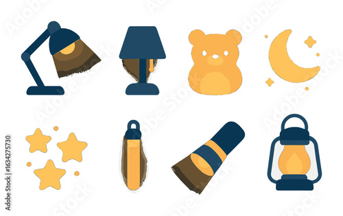 Children's Nightlight Icons. Flat vector mini-illustrations nighttime lighting in colors children's