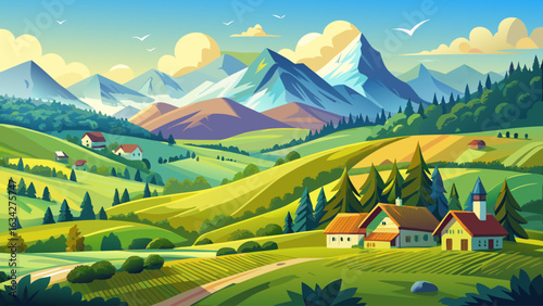 panorama of beautiful countryside of romania. sunny afternoon. wonderful springtime landscape in mountains. grassy field and rolling hills. rural scenery