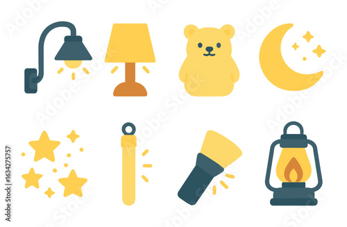 Children's Nightlight Icons. Flat vector mini-illustrations nighttime lighting in colors children's