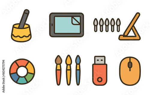 Colorful Digital Art Tools. Flat vector mini-illustrations Digital art tools accessories in colors children's