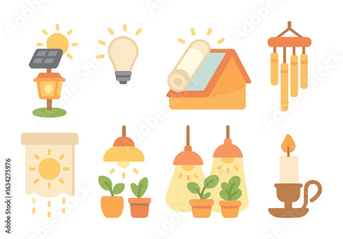 Children's Lighting Icons. Flat vector mini-illustrations Natural lighting solutions in colors children's