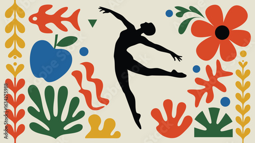 Abstract Ballet Dancer Surrounded by MatisseInspired Shapes, Floral Elements, and Geometric Figures