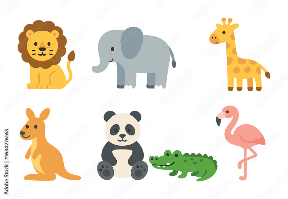 Naklejka premium Colorful Zoo Animals. Flat vector mini-illustrations zoo animals in colors children's illustrations: lion,