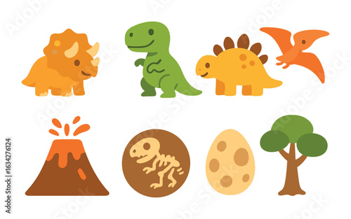 Dinosaur World Icons. Flat vector mini-illustrations dinosaur world in colors children's illustrations: