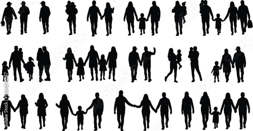 Silhouettes of diverse adult and child groupings walking together—holding hands, carrying bags, showcasing family bonds, community dynamics, unity, casual interaction