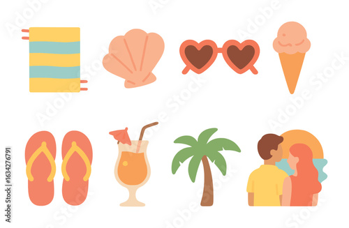 Beach Vacation Icons. Flat vector mini-illustrations romantic beach vacation in colors children's