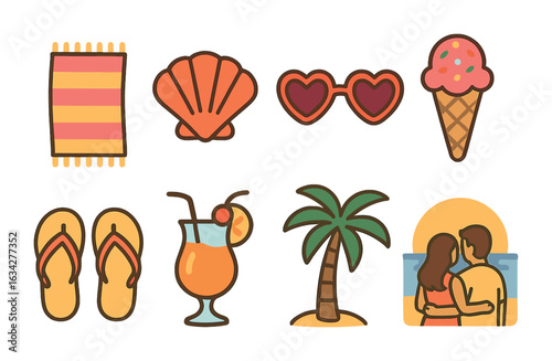 Beach Vacation Icons. Flat vector mini-illustrations romantic beach vacation in colors children's