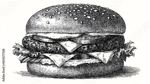 Vintage Burger Engraving Style Artwork for Food Lovers