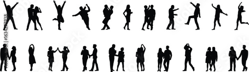 Silhouettes of diverse pairs in dynamic and static poses — walking, dancing, standing, interacting, black design showcasing human connection, movement
