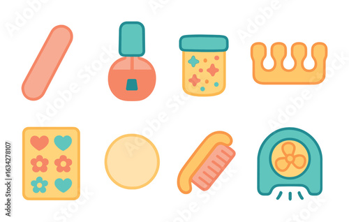 Kids' Nail Art Icons. Flat vector mini-illustrations nail art fun in colors children's illustrations: nail