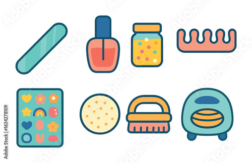 Kids' Nail Art Icons. Flat vector mini-illustrations nail art fun in colors children's illustrations: nail