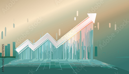 Flat vector illustration of a financial graph with upward trend, success and growth symbol