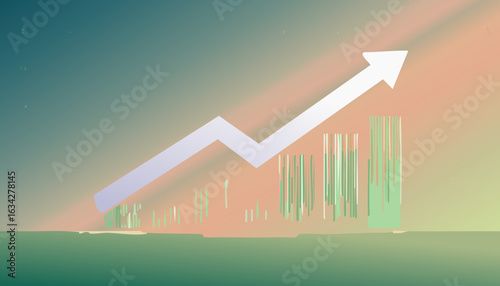 Flat vector illustration of a financial graph with upward trend, success and growth symbol