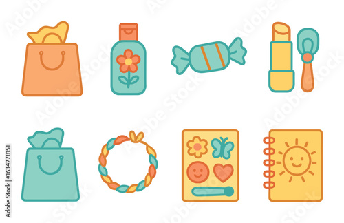 Children's Party Favors. Flat vector mini-illustrations party favor bags in colors children's illustrations: