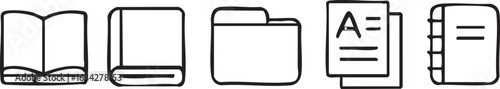 Handdrawn book folder and document icons set.