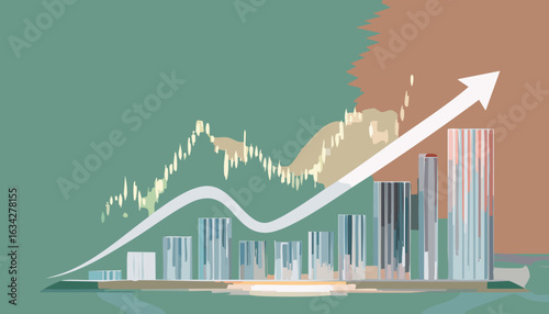 Flat vector illustration of a financial graph with upward trend, success and growth symbol