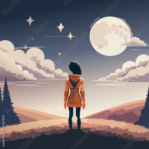 Vector artwork of a night landscape with glowing stars, clouds and a person watching