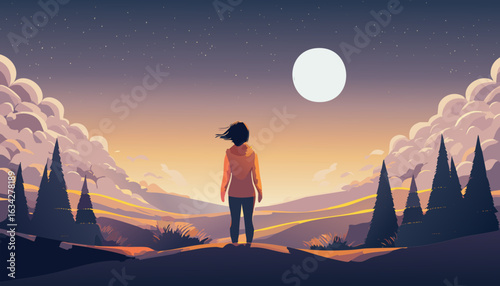 Vector artwork of a night landscape with glowing stars, clouds and a person watching