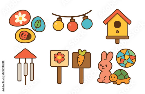 DIY Garden Icons. Flat vector mini-illustrations DIY garden decorations in colors children's illustrations: