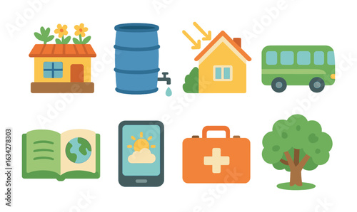 Climate Adaptation Icons. Flat vector mini-illustrations climate adaptation strategies in colors children's