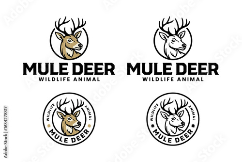 Mule deer wild animal retro logo vector design set for hunting, adventure, outdoor. Mule deer head vintage badge logo graphic collections. Wild deer mascot illustration label element designs
