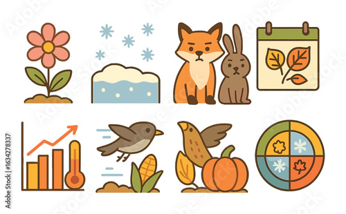 Climate Change Seasons. Flat vector mini-illustrations seasonal shift from climate change in colors children's