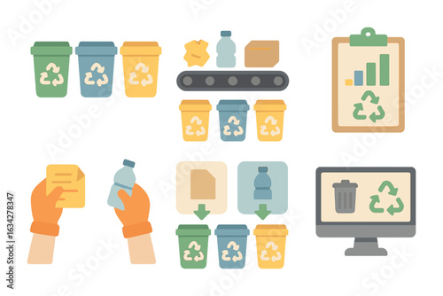 Recycling Kids Icons. Flat vector mini-illustrations sorting recyclable materials in colors children's