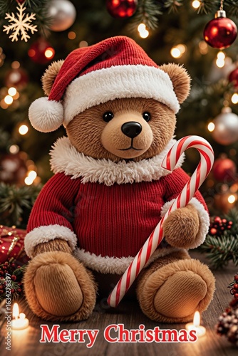 A festive teddy bear dressed in a Santa outfit, holding a candy cane amidst a beautifully decorated Christmas tree.