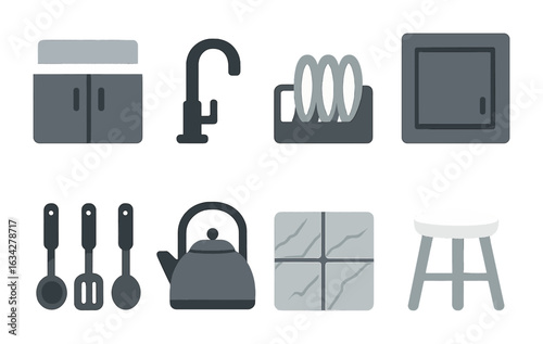 Monochrome Kitchen Mini-Icons. Flat vector mini-illustrations monochrome kitchen styling in colors children's