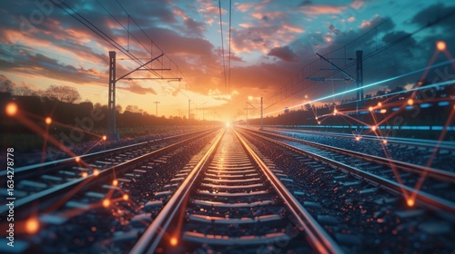 Railway tracks leading into a vibrant sunset, enhanced with modern digital connectivity