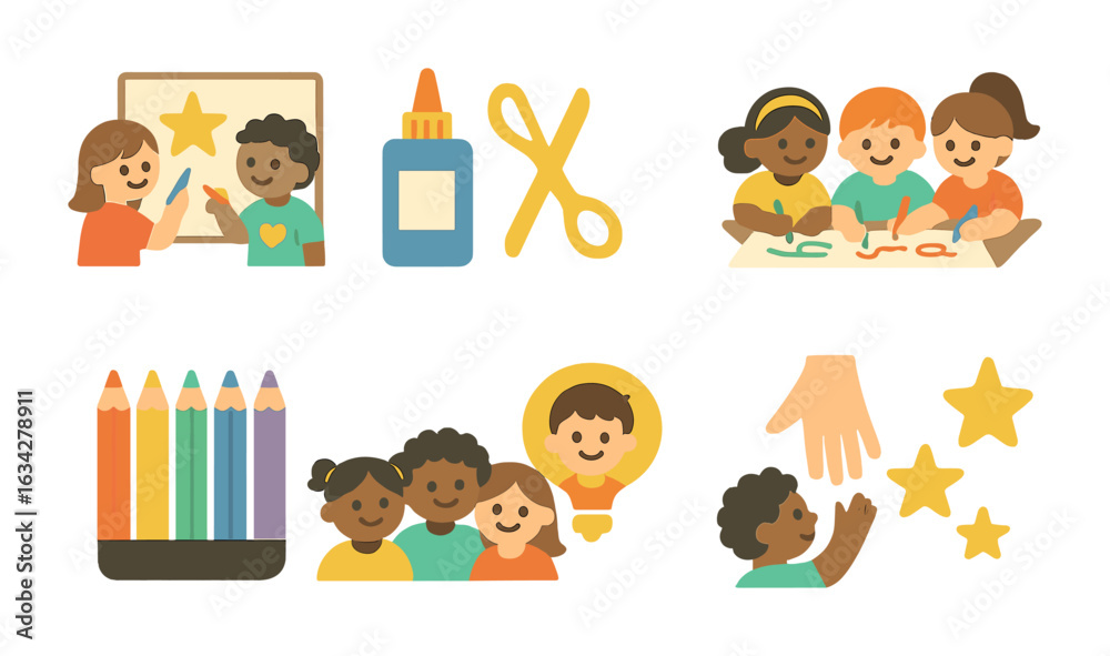 Naklejka premium Creative Classroom Activities. Flat vector mini-illustrations classroom group projects in colors children's