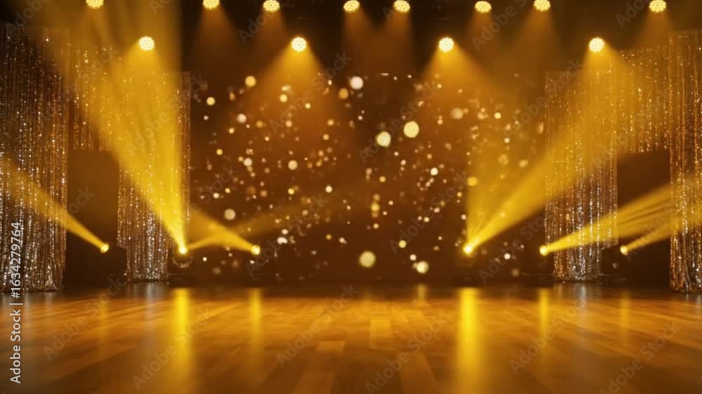 A stage with gold curtains wood floor and bright yellow spotlighting